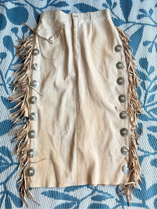 Ralph Lauren Dresses & Skirts - Ralph Lauren Tan Buckskin Leather Skirt with Fringe and Metal Grommets